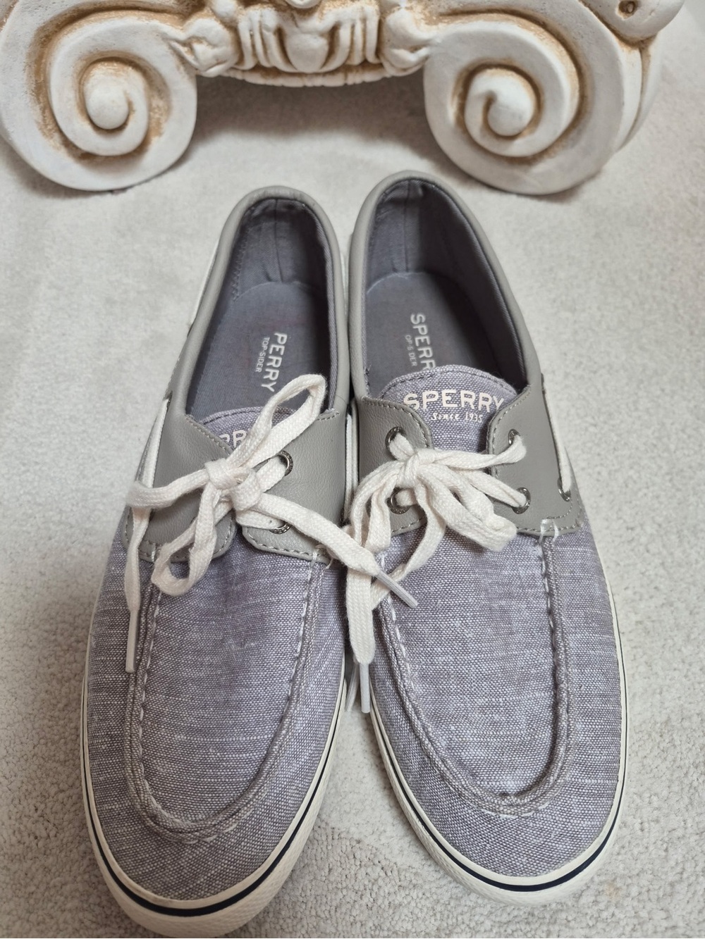 Sperry Men's Light Gray Canvas Boat Shoes with White Laces